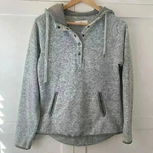 Thread & Supply Womens M Hooded LS 1/4 Button Pullover Heather Gray Pockets